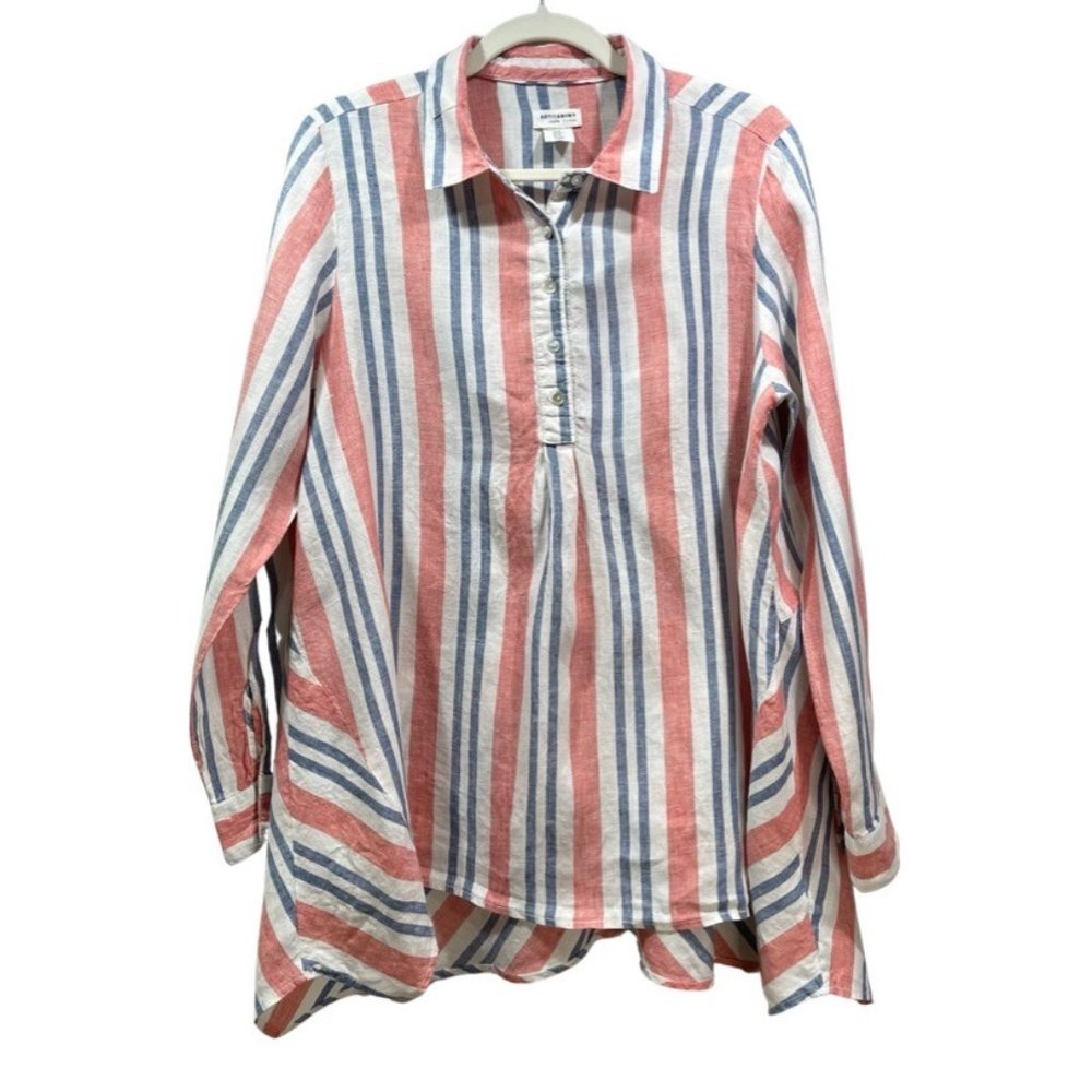 ARTISAN NY 100% Linen Hi-Lo Long Sleeves Striped Collared Tunic Peasant Top M